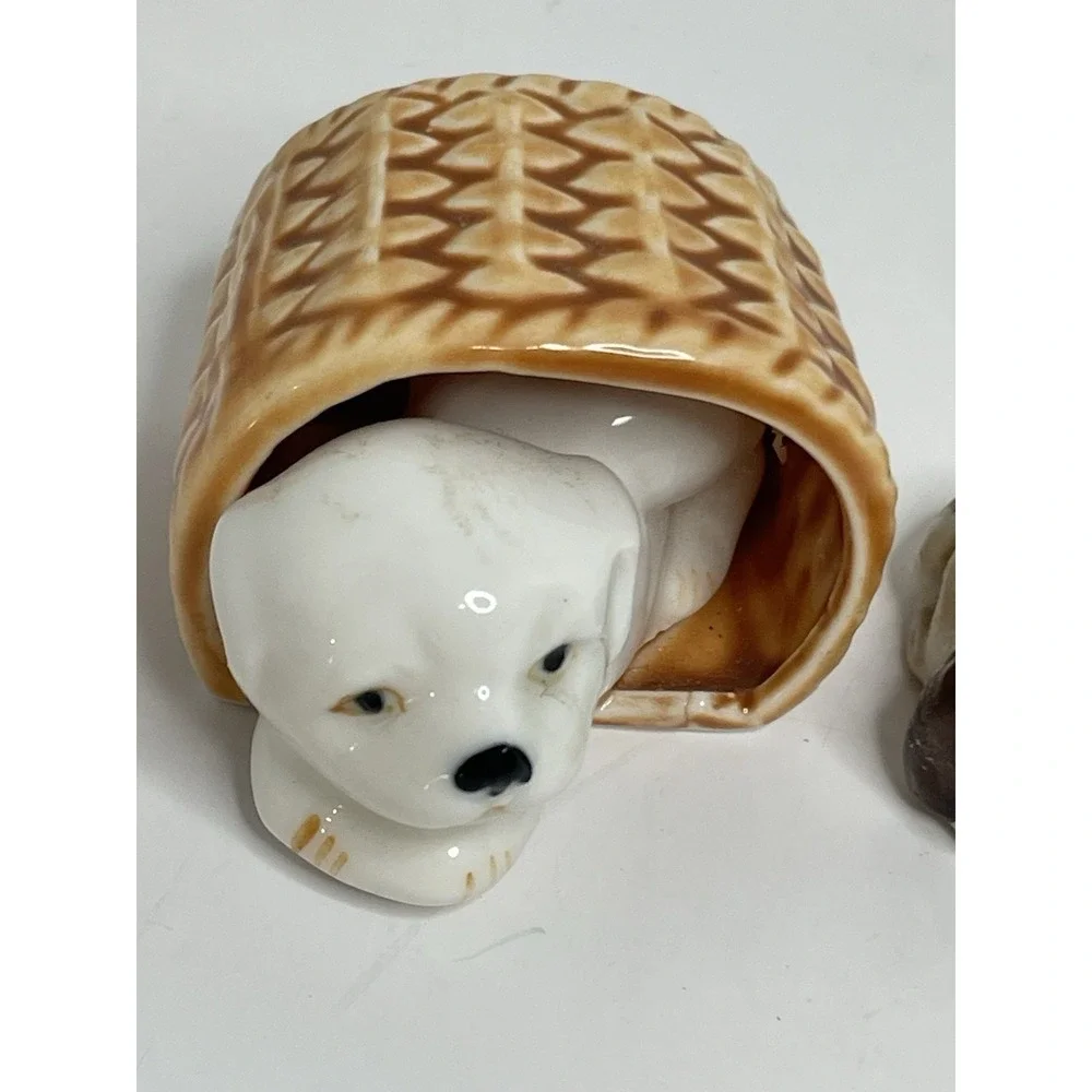 3 Minature Sleepy Hound Dog Puppy Basket Figure 2 Porcelain And 1 Resin Dog Love